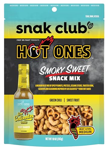 0087076649159 - SNAK CLUB X HOT ONES SMOKY SWEET SNACK MIX, SPICY SNACKS WITH PEANUTS, PRETZELS, SESAME STICKS, TOASTED CORN & CASHEWS, INSPIRED BY HOT ONES HOT SAUCE, 10 OZ BAG