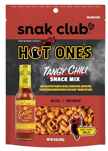 0087076649166 - SNAK CLUB X HOT ONES TANGY CHILI SNACK MIX, MILD SPICY SNACKS WITH PEANUTS, PRETZELS, SESAME STICKS, TOASTED CORN & CASHEWS, INSPIRED BY HOT ONES HOT SAUCE, 10 OZ BAG