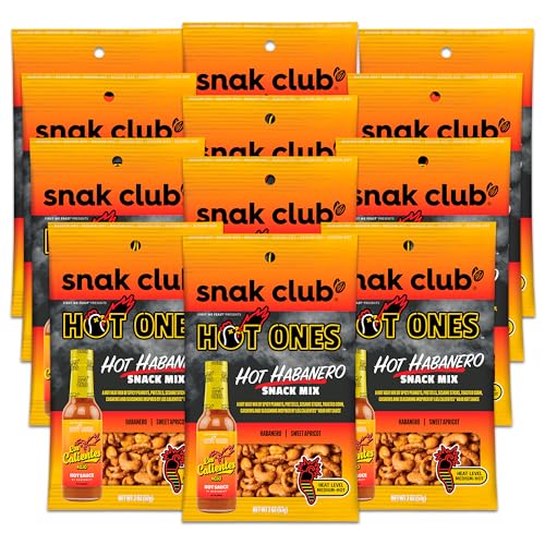 0087076899141 - SNAK CLUB X HOT ONES HOT HABENERO SNACK MIX, SPICY SNACKS WITH PEANUTS, PRETZELS, SESAME STICKS, TOASTED CORN & CASHEWS, INSPIRED BY HOT ONES HOT SAUCE, 2 OZ BAG (12 COUNT)