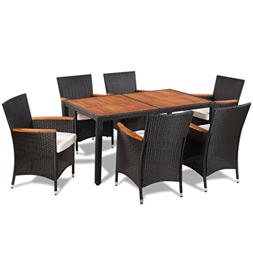8718475904762 - VIDAXL POLY RATTAN GARDEN DINING SET 6 CHAIRS AND A TABLE WOODEN TOP