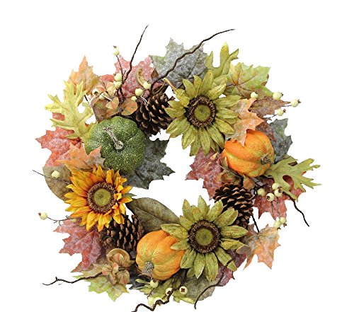 8736180020645 - ADMIRED BY NATURE GFW6002-NATURAL ARTIFICIAL SUNFLOWERS/PUMPKINS/PINECONE/MAPLE LEAVES/BERRIES FALL FESTIVE HARVEST DISPLAY WREATH, 24, GREEN/AUTUMN