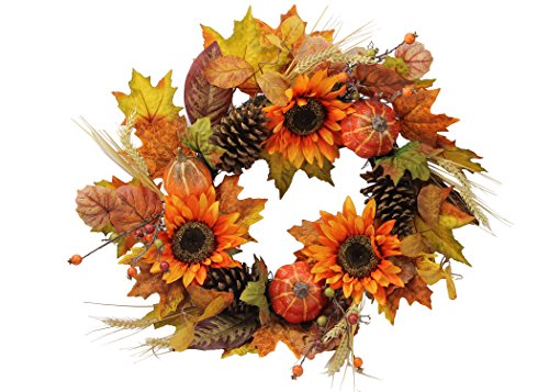 8736180020683 - ADMIRED BY NATURE GFW6006-NATURAL ARTIFICIAL SUNFLOWERS/PUMPKINS/PINE CONE/MAPLE LEAVES/WHEAT FESTIVE HARVEST DISPLAY WREATH, 24, AUTUMN