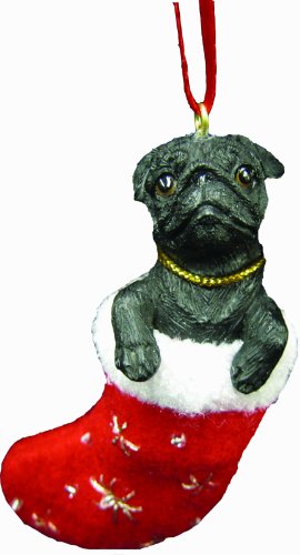0875623006551 - PUG CHRISTMAS STOCKING ORNAMENT WITH SANTA'S LITTLE PALS HAND PAINTED AND STITCHED DETAIL