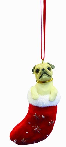 0875623006599 - PUG CHRISTMAS STOCKING ORNAMENT WITH SANTA'S LITTLE PALS HAND PAINTED AND STITCHED DETAIL