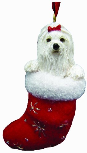 0875623009712 - MALTESE CHRISTMAS STOCKING ORNAMENT WITH SANTA'S LITTLE PALS HAND PAINTED AND