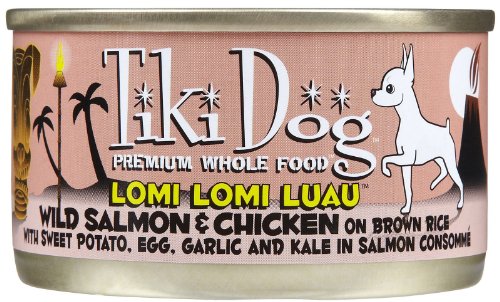 8759920008024 - TIKI DOG GOURMET WHOLE FOOD 12-PACK LOMI LOMI LUAU WILD SALMON AND SUCCULENT CHICKEN ON BROWN RICE WITH SWEET POTATO, EGG, GARLIC, KALE IN CONSOMMÃ© PET FOOD