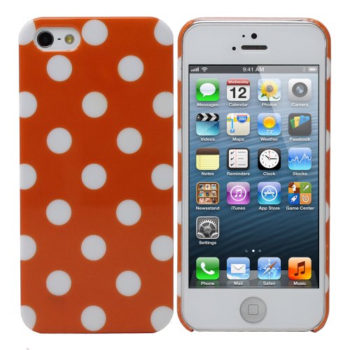 0879565003371 - FOSMON SLIM SERIES HARD SHELL POLK-A-DOT CASE FOR APPLE IPHONE 5 / 5S (ORANGE WITH WHITE DOTS)