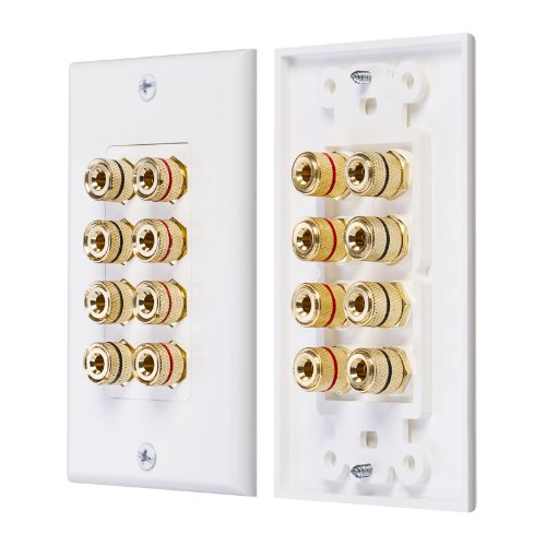 0879565080020 - FOSMON HOME THEATER WALL PLATE - PREMIUM QUALITY GOLD PLATED COPPER BANANA BINDING POST COUPLER TYPE WALL PLATE FOR 4 SPEAKERS (WHITE)