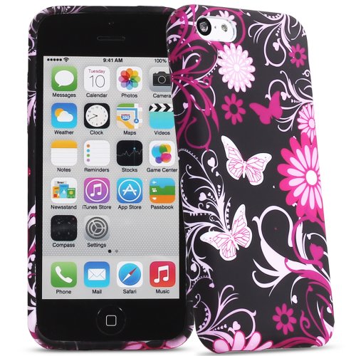 0879565805098 - FOSMON DURA-DESIGN SERIES SLIM FIT FLEXIBLE TPU CASE COVER FOR APPLE IPHONE 5C (PINK BUTTERFLY FLOWER)