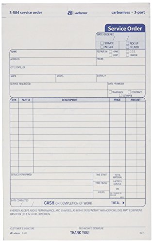 0087958035841 - ADAMS SERVICE ORDER FORM, 3 PART, CARBONLESS, 5 2/3X9 INCHES, 250 SETS PER PACK (3-584)
