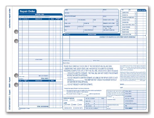 0087958038118 - ADAMS GARAGE REPAIR ORDER FORMS, 8.5 X 11 INCH, 3 PARTS, 250-COUNT, WHITE AND CANARY AND WHITE TAG (GT3811)