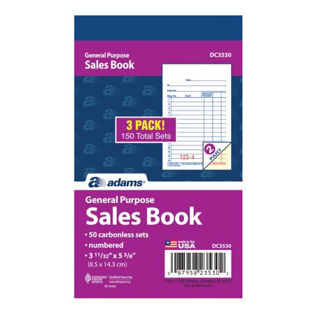 0087958235302 - ADAMS GENERAL PURPOSE SALES BOOK, 2-PART, CARBONLESS, WHITE/CANARY, 3-11/32 X 5-5/8 INCHES, 50 SETS/BOOK, 3 BOOKS (DC3530)