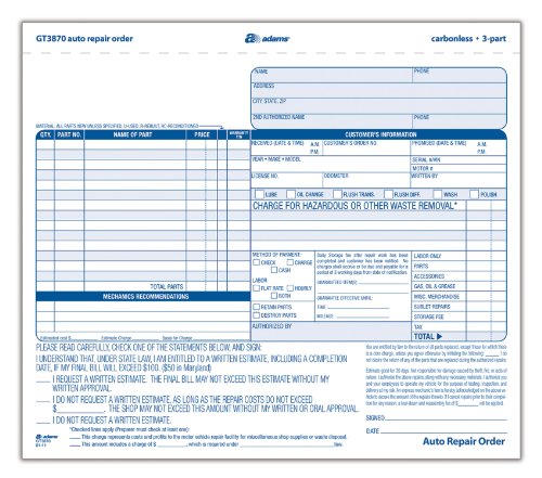 0087958338706 - ADAMS AUTO REPAIR ORDER FORMS, 8.5 X 7.44 INCH, 3-PART, CARBONLESS, 50-PACK, WHITE AND CANARY (GT3870)