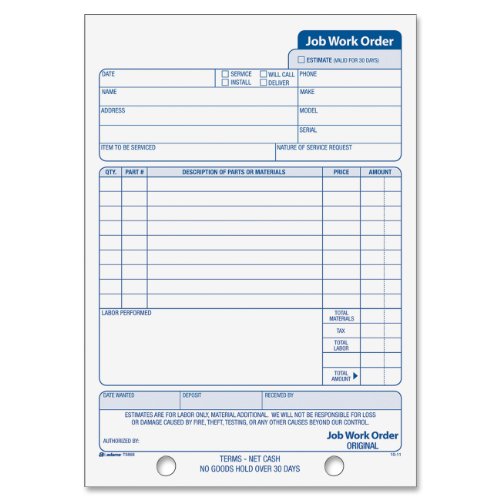 0087958358681 - ADAMS JOB WORK ORDER BOOK, 5.56 X 8.44 INCH, 3-PART, CARBONLESS, 33 SETS, WHITE AND CANARY (T5868)