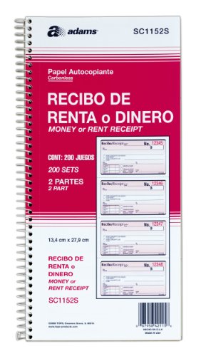 0087958421156 - ADAMS RECIBO RENTA O DINERO, SPANISH LANGUAGE RENT OR MONEY RECEIPT BOOK, 2-PART, CARBONLESS, 200 SETS/BOOK, 4 RECEIPTS/PAGE (SC1152S)