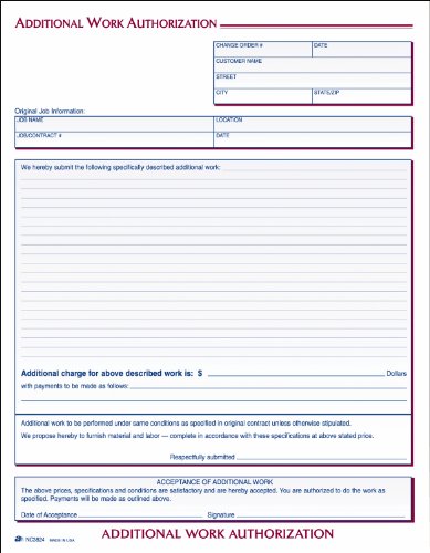 0087958777109 - ADAMS ADDITIONAL WORK AUTHORIZATION FORMS, 8.5 X 11.44 INCH, 3-PART, CARBONLESS, 50-PACK, WHITE, CANARY AND PINK (NC3824)