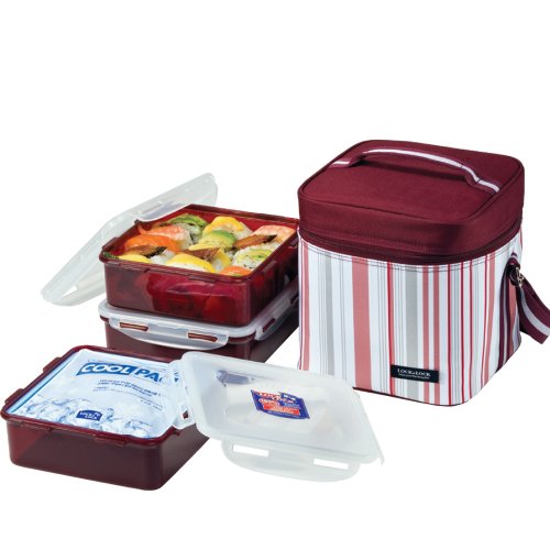 8803733856058 - LOCK & LOCK LUNCH BOX 3-PIECE SET WITH INSULATED PURPLE STRIPE BAG, COOL PACK, THREE 5-CUP CONTAINERS WITH ONE DIVIDER