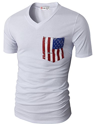 8806394484226 - H2H MENS CASUAL V-NECK SHORT SLEEVE SPORT T-SHIRTS WITH AMERICAN FLAG CHEST POCKET WHITE US L/ASIA XL (CMTTS0173)