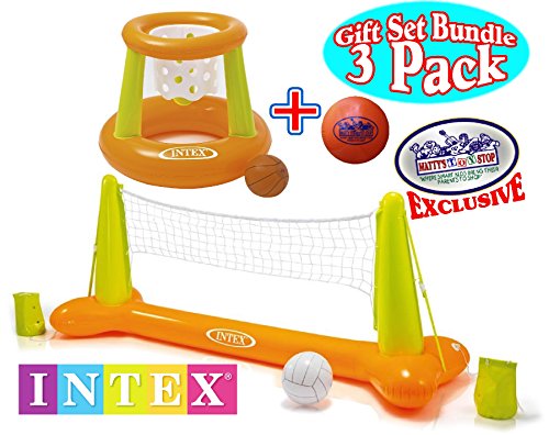 0881314248346 - INTEX FLOATING POOL VOLLEYBALL GAME & FLOATING HOOPS BASKETBALL GAME WITH EXCLUSIVE MATTY'S TOY STOP 4.25 VINYL BASKETBALL GIFT SET BUNDLE - 3 PACK