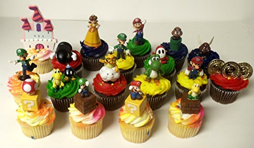 0881314321766 - SUPER MARIO BROTHERS 18 PIECE DELUXE BIRTHDAY CUPCAKE TOPPER SET FEATURING SHY, MARIO, GOOMBA, YOSHI, BOMB, LUIGI, KOOPA TROOPA, MUSHROOM, PRINCESS DAISY, LAKITU SPINY AND THEMED DECORATIVE ACCESSORIES - CUPCAKE TOPPERS RANGE FROM 1 TO 4 TALL