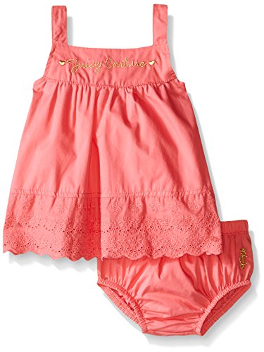 0881634129356 - JUICY COUTURE BABY POPLIN DRESS WITH EYELET LACE TRIM AND PANTY, SUGAR CORAL, 12 MONTHS