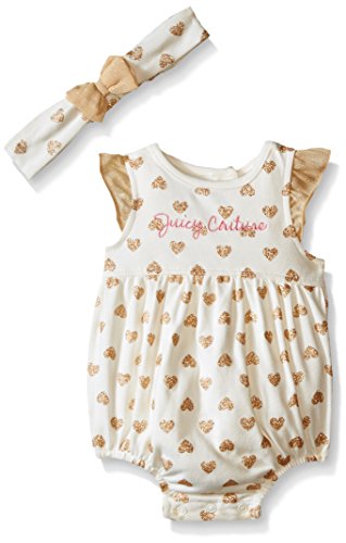 0881634129387 - JUICY COUTURE BABY FOIL PRINTED INTERLOCK SUN SUIT, GOLD, 12 MONTHS