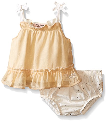 0881634129868 - JUICY COUTURE BABY SHIMMER GEORGETTE FOIL PRINTED POPLIN TOP WITH PANTY, GOLD, 0-3 MONTHS