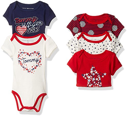 0881634764410 - TOMMY HILFIGER BABY GIRLS' PRINT AND SOLID BODYSUITS, RED/NAVY/STARS, 6-9 MONTHS (PACK OF 5)