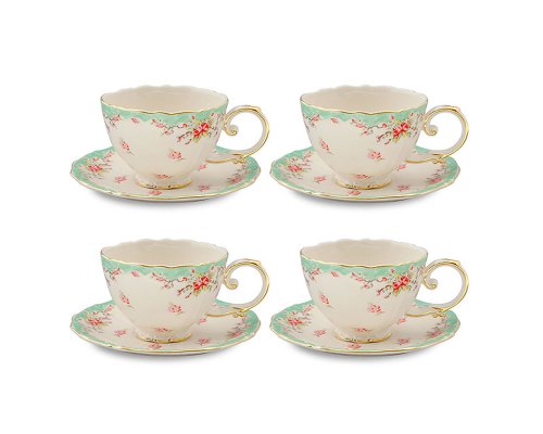 0882485708219 - GRACIE CHINA VINTAGE GREEN ROSE PORCELAIN 7-OUNCE TEA CUP AND SAUCER WITH GOLD TRIM, SET OF 4
