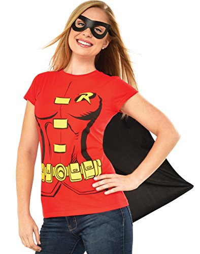 0883028047789 - DC COMICS WOMEN'S ROBIN T-SHIRT WITH CAPE AND EYE MASK, RED, X-LARGE