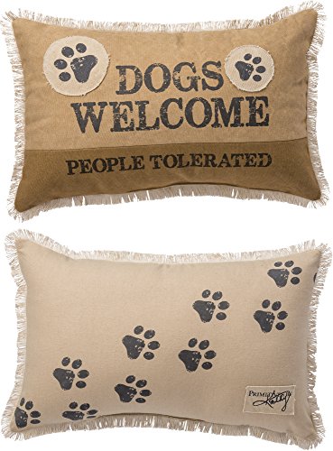 0883504315227 - DOGS WELCOME PEOPLE TOLERATED - WITH PAW PRINTS AND FRINGED BORDER - CANVAS DECORATIVE THROW PILLOW - 19-IN X 12-IN