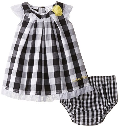 0883608658947 - CALVIN KLEIN BABY-GIRLS NEWBORN PLAID DRESS WITH YELLOW ROSE AND PANTY, BLACK/WHITE, 3-6 MONTHS