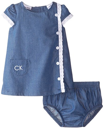 0883608659296 - CALVIN KLEIN BABY-GIRLS NEWBORN CHAMBRAY DRESS WITH POCKET AND PANTY, BLUE, 0-3 MONTHS