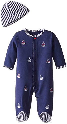 0883953661159 - LITTLE ME BABY-BOYS NEWBORN SAILBOATS FOOTIE AND HAT, WHITE PRINT, 3 MONTHS