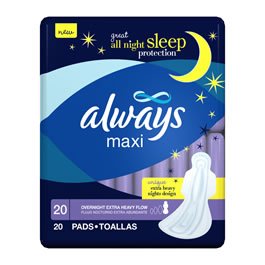 0884493080370 - ALWAYS MAXI PADS EXTRA HEAVY FLOW OVERNIGHT PROTECTION WITH FLEXI WINGS - 6 X 20