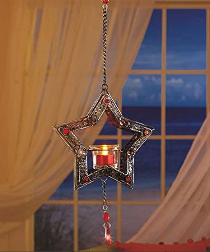 0884916710952 - HANGING BEJEWELED STAR LED TEA LIGHT CANDLE LANTERN RED