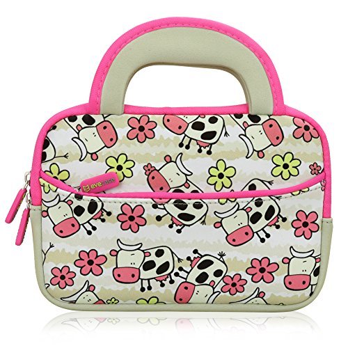 0885157827812 - 7 - 8 INCH KID TABLET SLEEVE, EVECASE CUTE HAPPY FARM COW THEMED NEOPRENE CARRYING SLEEVE CASE BAG FOR 7 - 8 INCH KID TABLETS (WHITE & PINK TRIM, WITH DUAL HANDLE AND ACCESSORY POCKET)