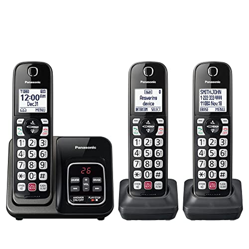 0885170411982 - PANASONIC CORDLESS PHONE WITH ANSWERING MACHINE, ADVANCED CALL BLOCK, BILINGUAL CALLER ID AND EASY TO READ HIGH-CONTRAST DISPLAY, EXPANDABLE SYSTEM WITH 3 HANDSETS - KX-TGD833M (METALLIC BLACK)