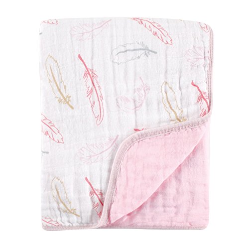 0885187158788 - HUDSON BABY FOUR LAYER MUSLIN TRANQUILITY BLANKET, PINK FEATHER, 46 X 46 INCH