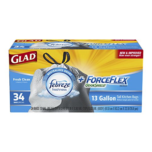 0885261391483 - GLAD FORCEFLEX ODOR SHIELD TALL KITCHEN DRAWSTRING TRASH BAGS, FRESH CLEAN, 13 GALLON, 34 COUNT (PACK OF 6)