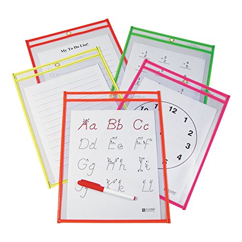 0885322440044 - C-LINE REUSABLE DRY ERASE POCKETS, 9 X 12 INCHES, ASSORTED NEON COLORS, 10 POCKETS PER PACK