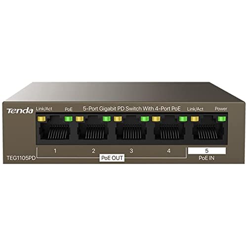 0885397273394 - TENDA 5-PORT POE GIGABIT SWITCH WORKING NO NEED POWER ADAPTER, NETWORK SWITCH 30 W FOR 4 POE PORTS, ETHERNET SWITCH, SWITCH HUB IDEAL FOR IP CAMERA AND ACCESS POINT MINI INTERNET SWITCH, TEG1105PD