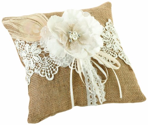 0885468108280 - LILLIAN ROSE BURLAP AND LACE RING PILLOW, 8-INCH