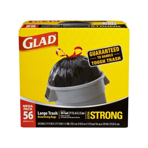 0885486710755 - GLAD EXTRA STRONG OUTDOOR DRAWSTRING LARGE TRASH BAGS, 30 GALLON, 56 COUNT