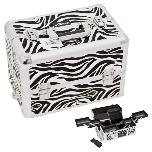0885508350075 - SUNRISE WHITE INTERCHANGEABLE 8-TIERS EXTENDABLE TRAY ZEBRA TEXTURED PRINTING PROFESSIONAL ALUMINUM COSMETIC MAKEUP CASE WITH MULTIPLE COMPARTMENT - E3306