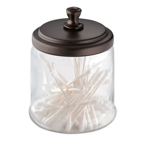 0885610969721 - INTERDESIGN YORK BATHROOM VANITY GLASS APOTHECARY JAR FOR COTTON BALLS, SWABS, COSMETIC PADS - SHORT, CLEAR/BRONZE