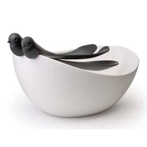 8858782111665 - SPARROW SALAD BOWL WITH UTENSILS BLACK BY QUALY