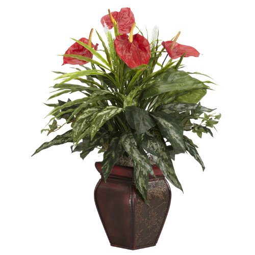 0885892659570 - NEARLY NATURAL 6678 MIXED GREENS AND ANTHURIUM WITH VASE DECORATIVE SILK PLANT, GREEN