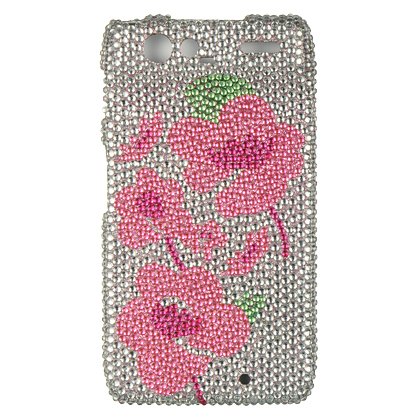 0885926044150 - HARD PLASTIC PHONE PROTECTOR SNAP-ON TWO PIECE COVER CASE SHELL WITH COOL STYLISH SILVER / PINK BEGONIA DIAMOND DESIGN FOR MOTOROLA DROID RAZR