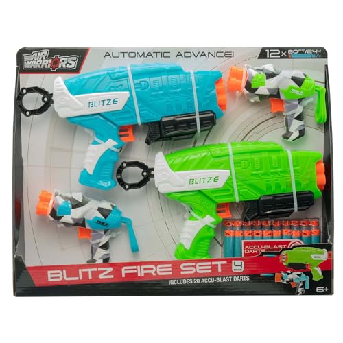 0885954413577 - AIR WARRIORS: BLITZ FIRE SET - 4 DART BLASTERS PACK, 20 ACCU-BLAST DARTS, GREEN & BLUE, FIRES UP TO 80FT, PRECISION SHOOTERS, KIDS TOY, AGES 6+